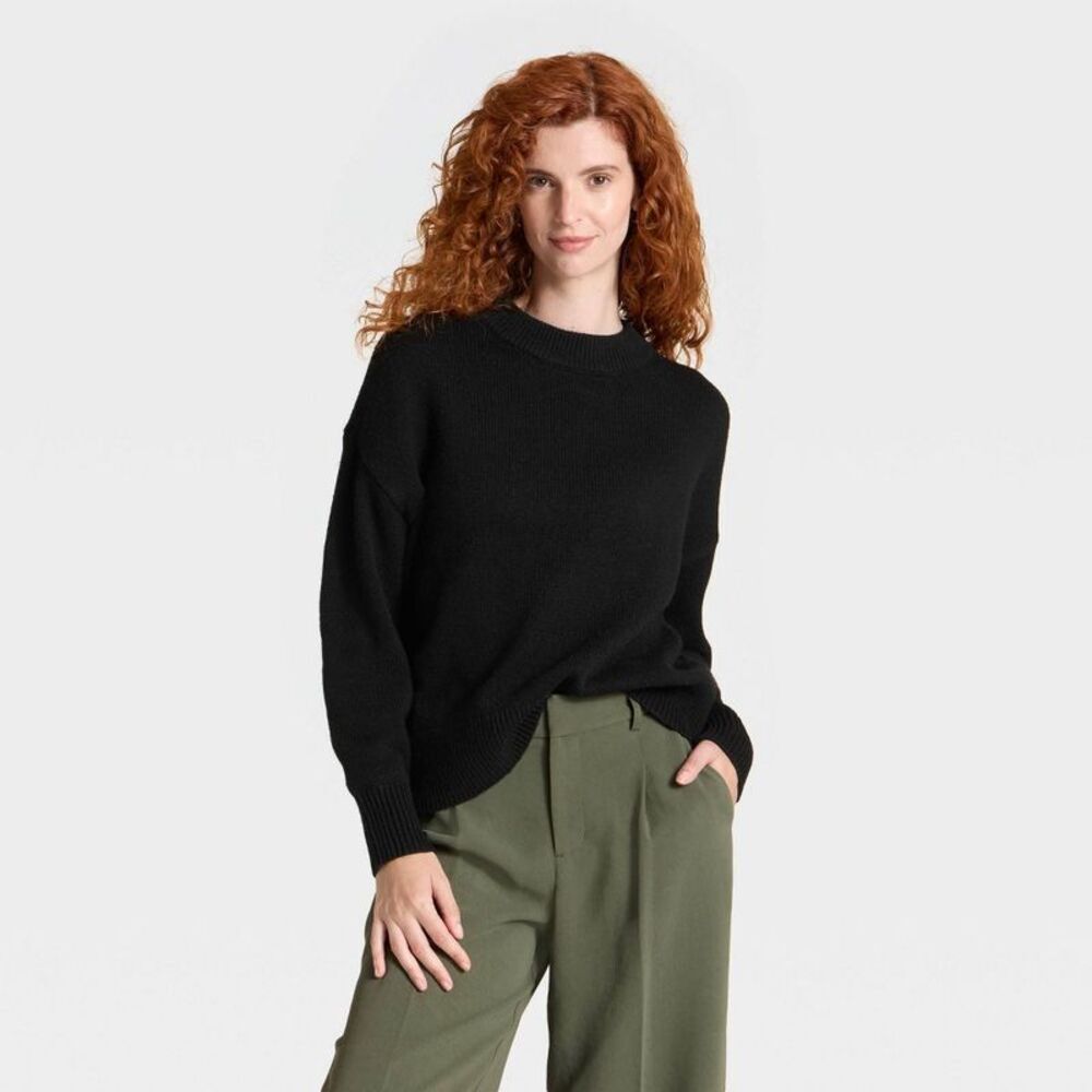 Women's Woolen Crew Pullover Sweater - A New Day Black S - Picture 1 of 4
